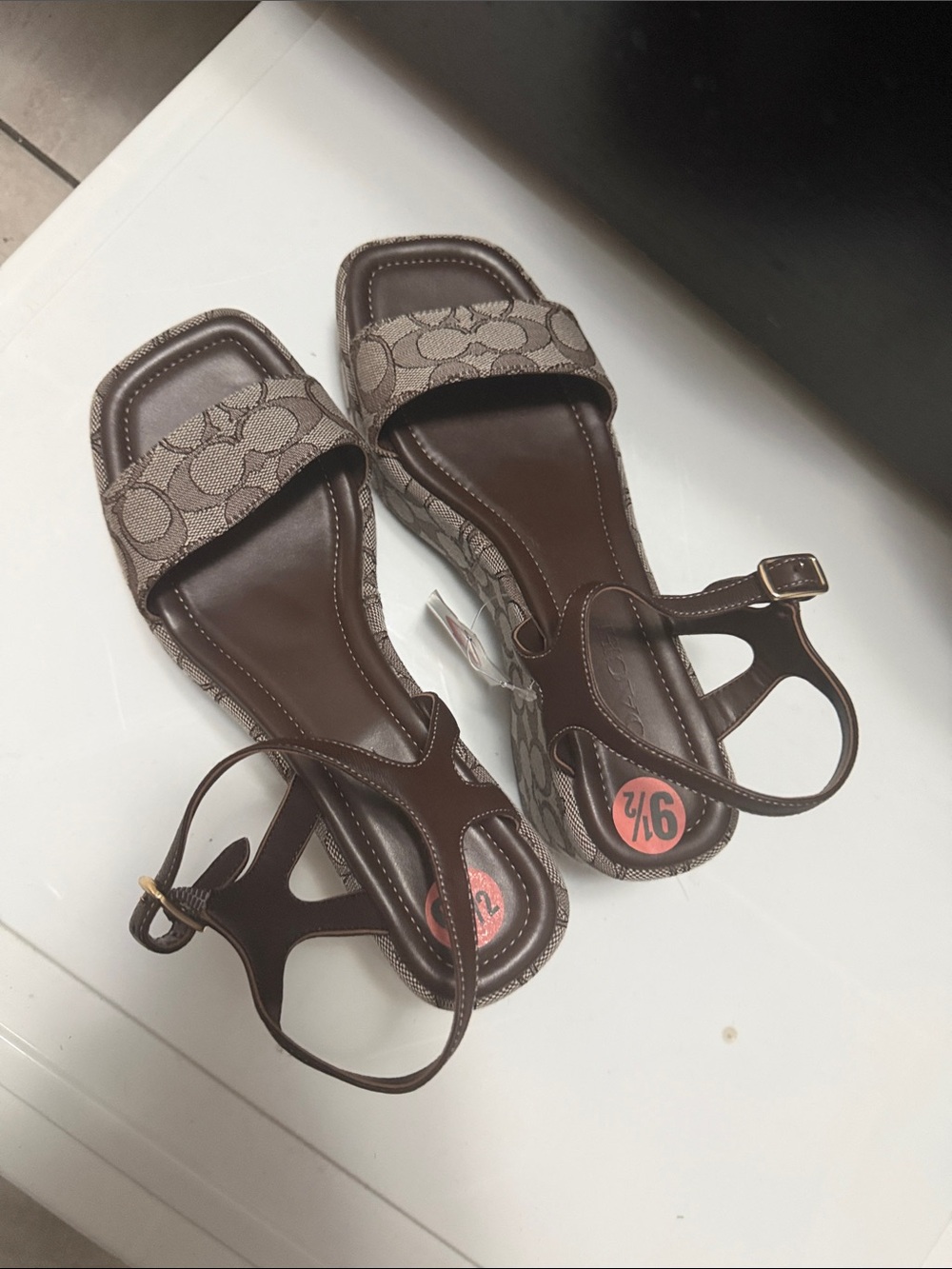 Coach Brown & Cream Signature Canvas Wedge Sandals - Picture 2 of 5